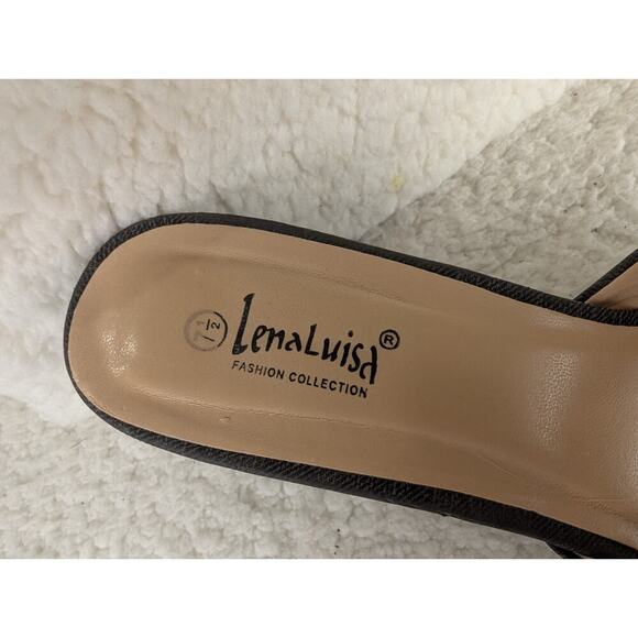 Ruffle Block Heel Denim Slide Sandals Sz 7.5 Lena Luisa - Picture 4 of 13